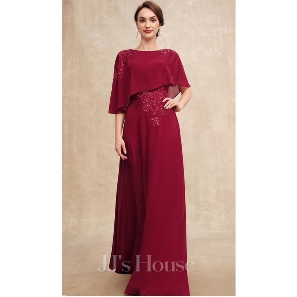 JJ's House Burgundy Beaded Sequins Chiffon Capelet Formal‎ Evening Gown Dress 12